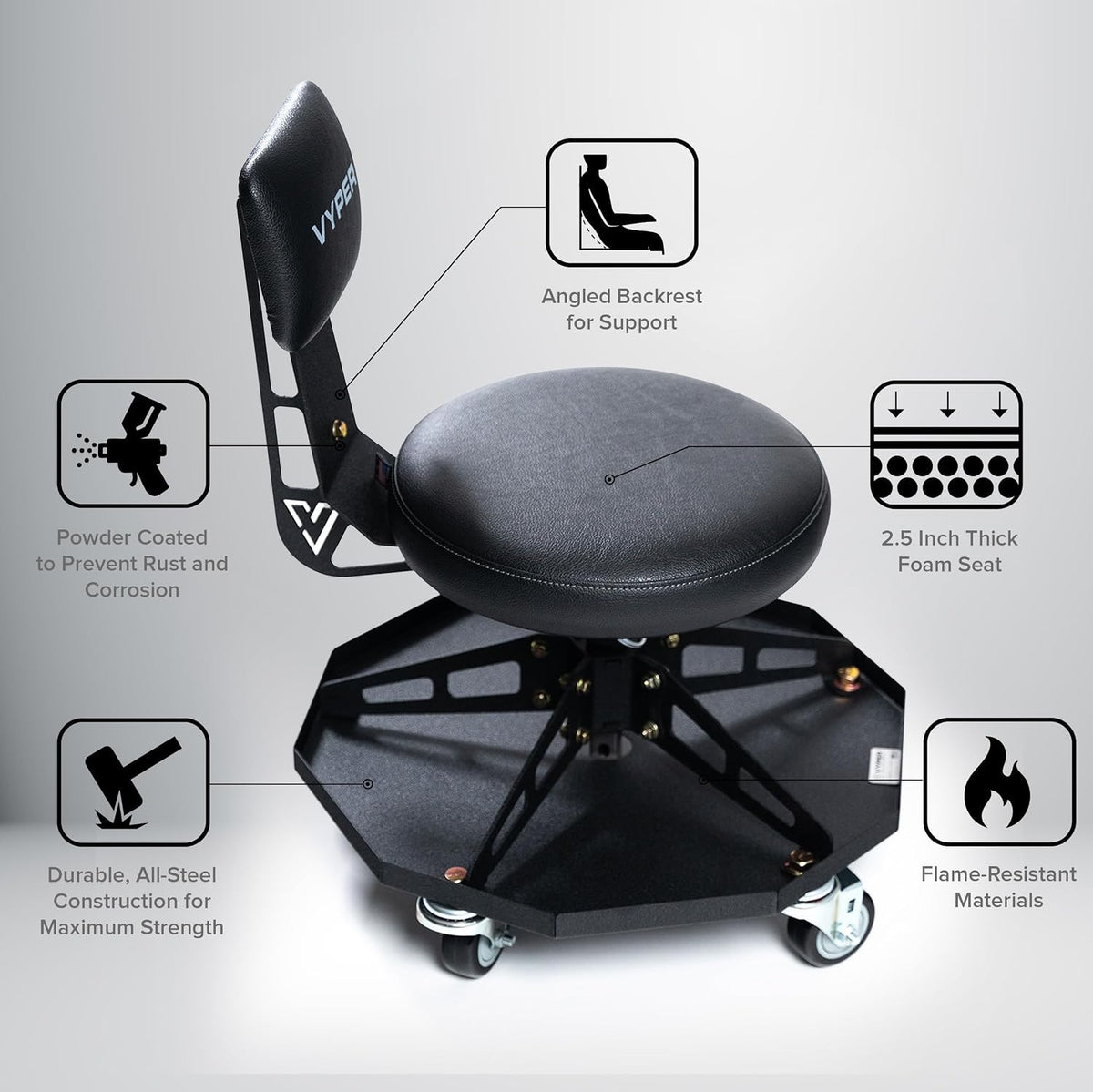 Vyper Robust Steel Sport Shop Chair for Mechanics, Automotive, DIY - 300 lb C...