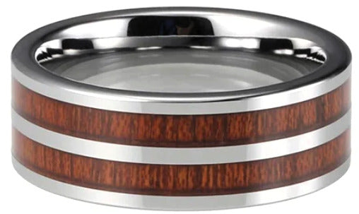 8mm Tungsten Genuine Hawaiian Double Row Koa Wood Comfort Fit Flat Band