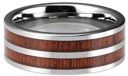 8mm Tungsten Genuine Hawaiian Double Row Koa Wood Comfort Fit Flat Band