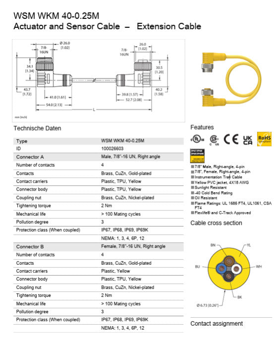 Turck WSM WKM 40-0.42M Minifast Cordset Actuator and Sensor Cable  –   Extension