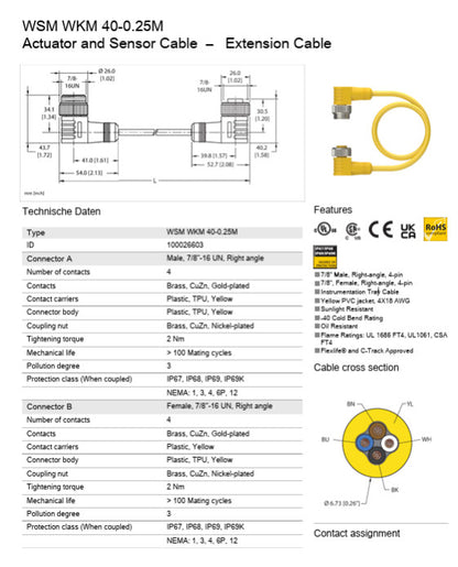 Turck WSM WKM 40-0.42M Minifast Cordset Actuator and Sensor Cable  –   Extension