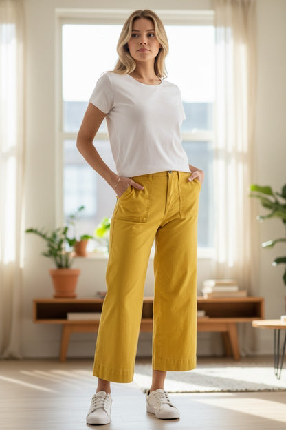 St. John's Bay Women's Wide Leg High Rise Cropped Pants Ladies | Mustard | NEW