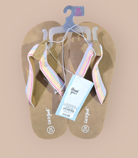 Cat & Jack Youth Girls M Shoe Size 2/3 Tan Ava Rainbow Striped Strap Flip Flops