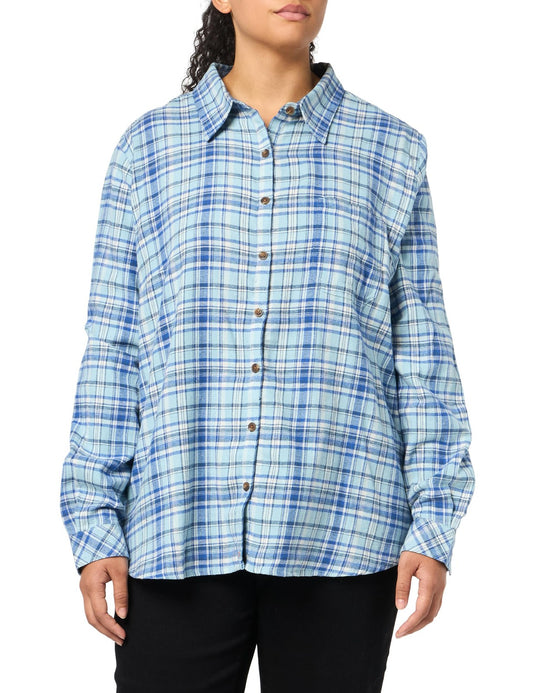 Women's Plaid Flannel Long Sleeve Shirt, Clear Blue Asymetrical Orchard Plaid, L