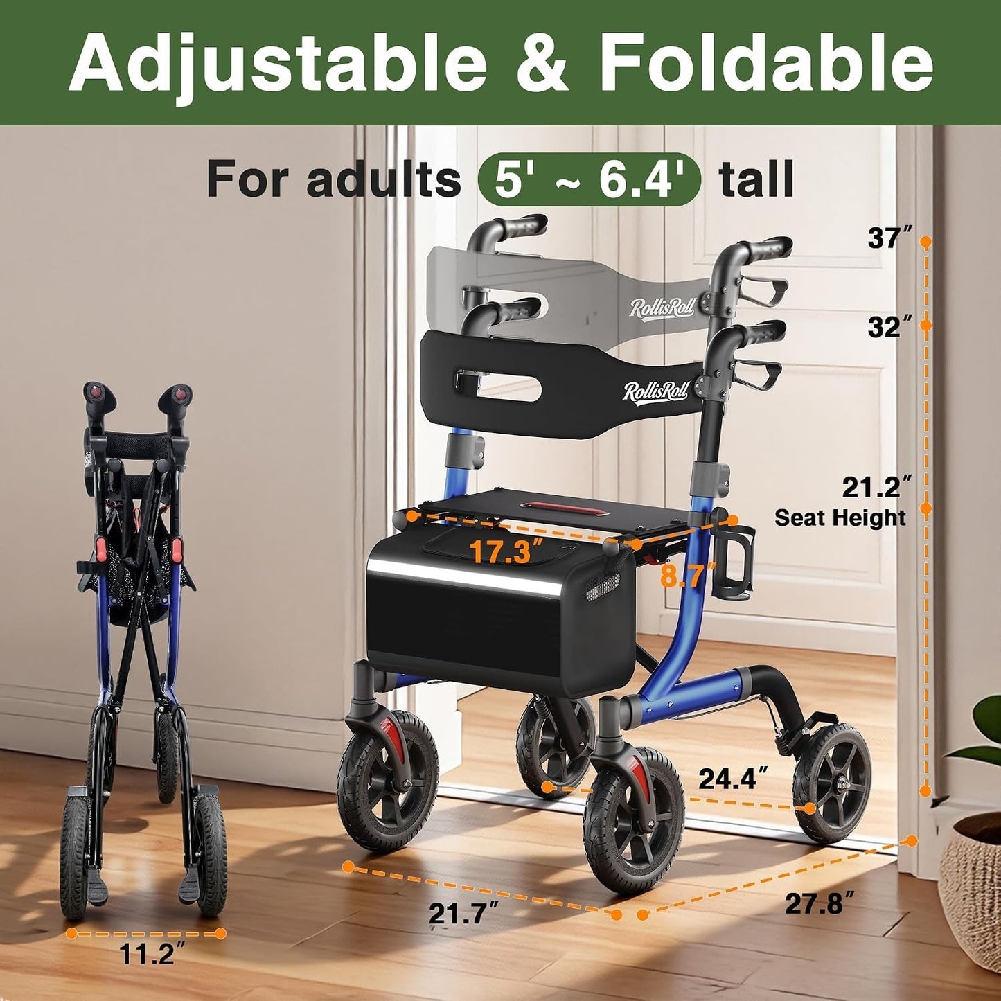 RollisRoll All Terrain Walker for Seniors with Seat, Foldable Aluminum Frame 10”