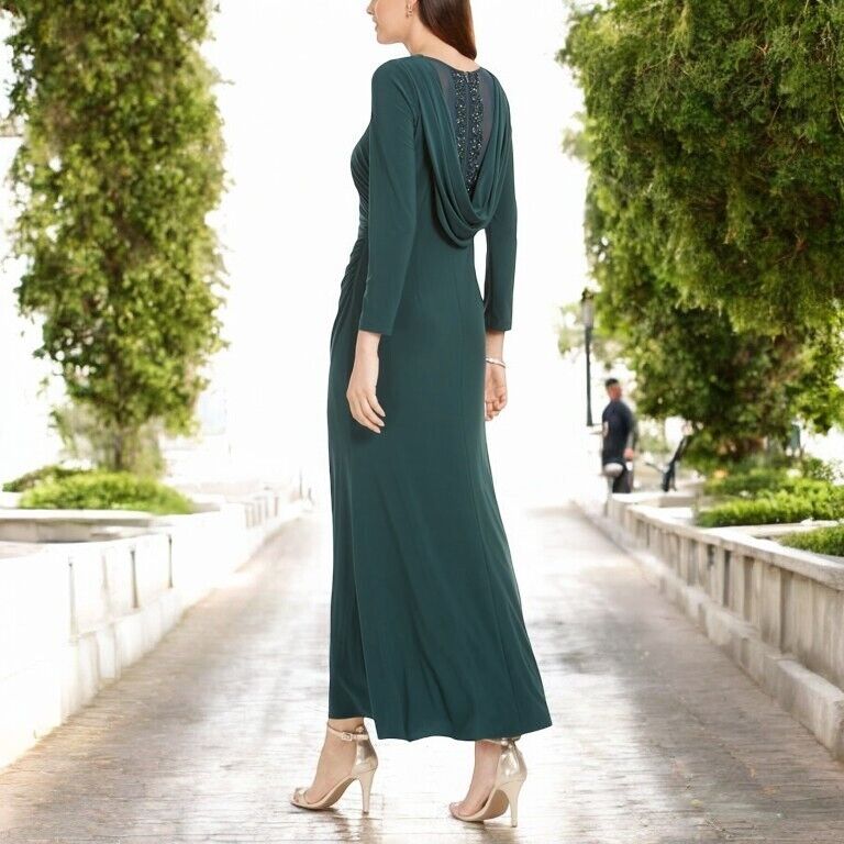 ADRIANNA PAPELL Women's Embellished Sheer Gown Long Sleeve Crew Neck Maxi, 8P