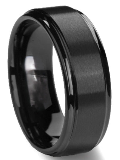 6mm or 8mm Black Tungsten Brushed Stripe Step Edge Band