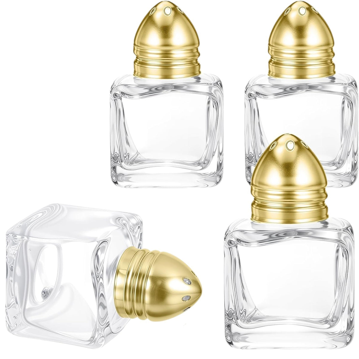 Clear Glass Mini Cube Salt & Pepper Shakers with Gold-tone Tops - 1/2 ounce each
