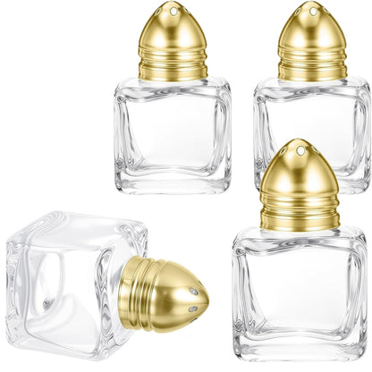 Clear Glass Mini Cube Salt & Pepper Shakers with Gold-tone Tops - 1/2 ounce each