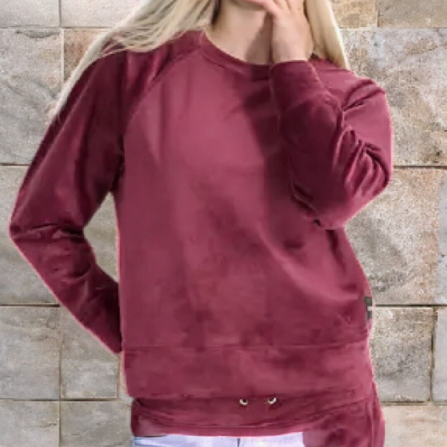 DKNY Platinum Velour Raglan Crew Neck Pullover With Metallic Logo BURGUNDY, XL