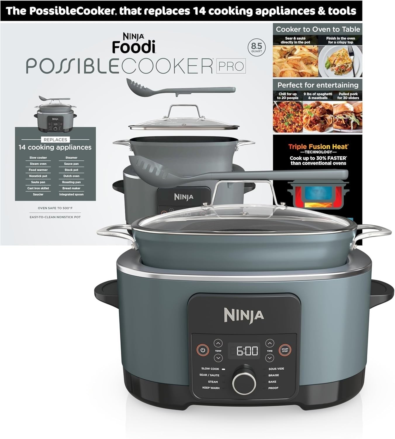 Ninja MC1001 - Foodi PossibleCooker PRO, 8.5qt Multi-Cooker - Sea Salt Grey