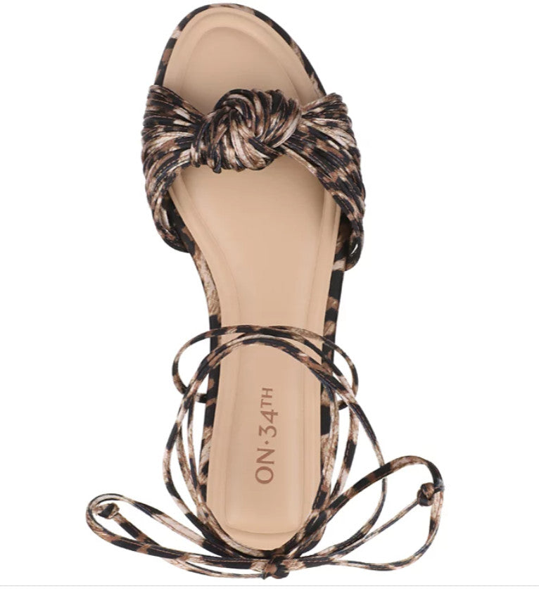 On 34th Leopard Women Jennie Flat Sandals Ankle Tie Strap Man Made Round Toe