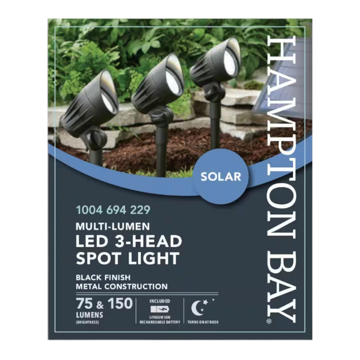 Hampton Bay 75-150 Lumen Black LED High-Low Metal 3-Head Outdoor Solar Spot Ligh