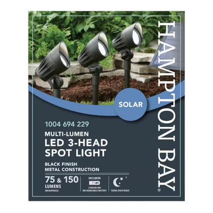Hampton Bay 75-150 Lumen Black LED High-Low Metal 3-Head Outdoor Solar Spot Ligh