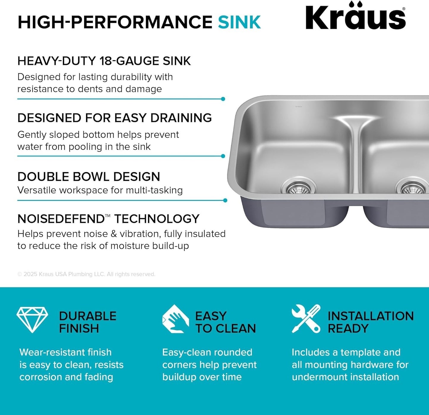 KRAUS Premier 32-inch 18 Gauge Undermount 50/50 Double Satin - KBU32
