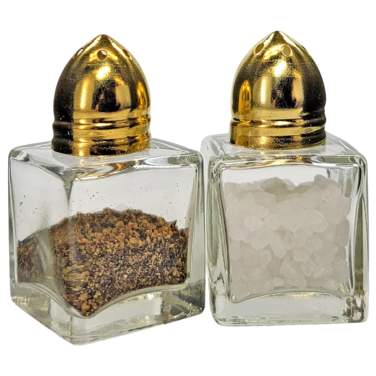 Clear Glass Mini Cube Salt & Pepper Shakers with Gold-tone Tops - 1/2 ounce each