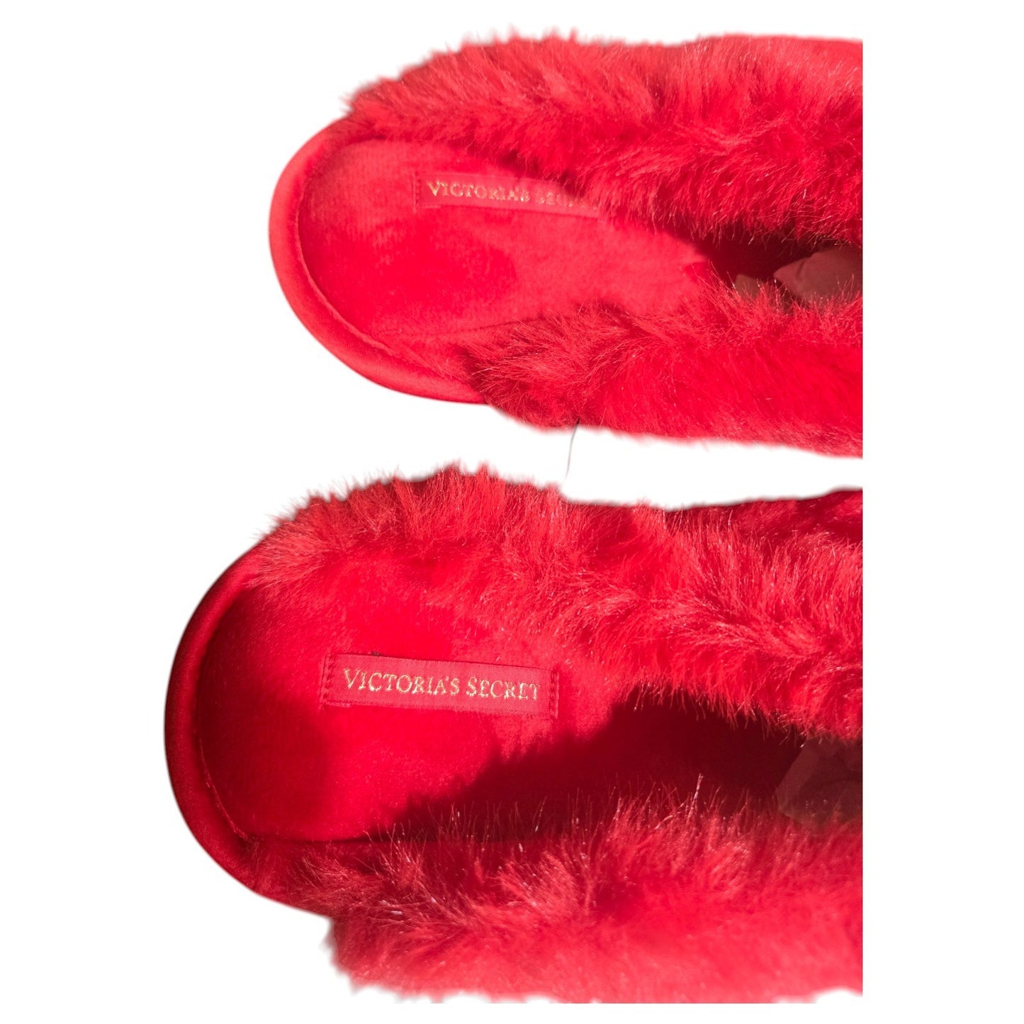 VICTORIA'S SECRET RED FAUX FUR COZY SLIPPERS | BLING VS LOGO | SIZE SMALL