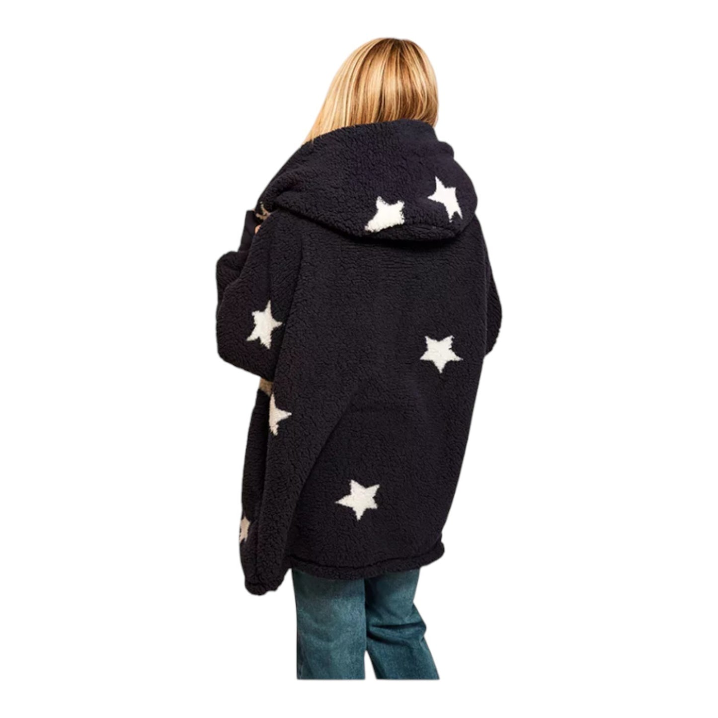 Patterned Hooded Sherpa Button Front Lounger Jacket by Jill Martin Size: XL