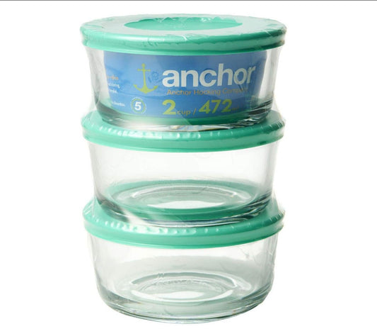 Anchor Hocking 6-Piece Glass Round Basic Food Storage 2 Cup Set with Lids, Teal