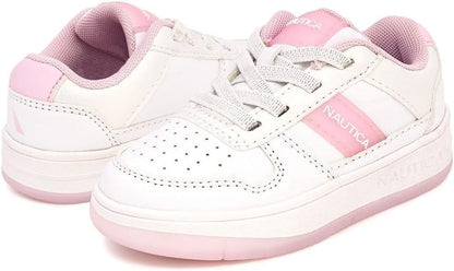 Nautica Girls Fashion Shoe | Lace-Up Low-Top Sneakers White Iridescent Pink-Scie