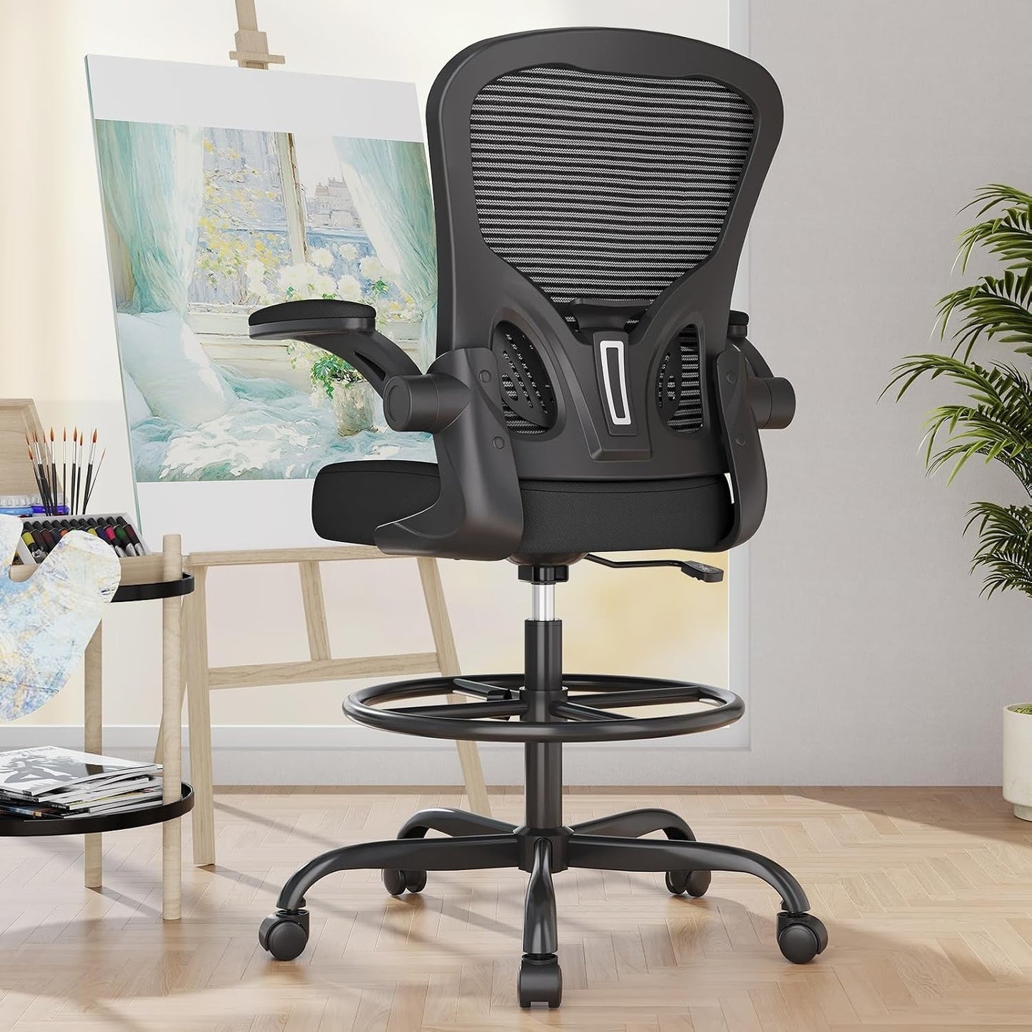 Synorla Ergonomic Drafting Chair, Tall Office Chair with Flip-Up Armrests, Breat