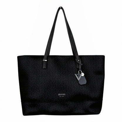 GUESS Black Logo Large Tote Bag Zip Closure Double Handles Pouch Silver Hardware