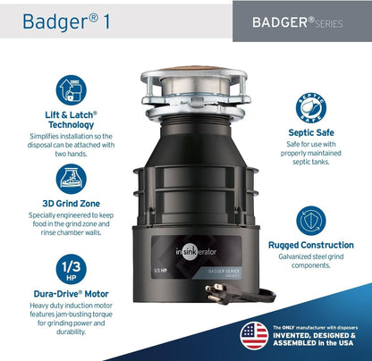 In-Sink-Erator Badger 1 With Cord Garbage Disposal, Badger, 11 3/8 In H