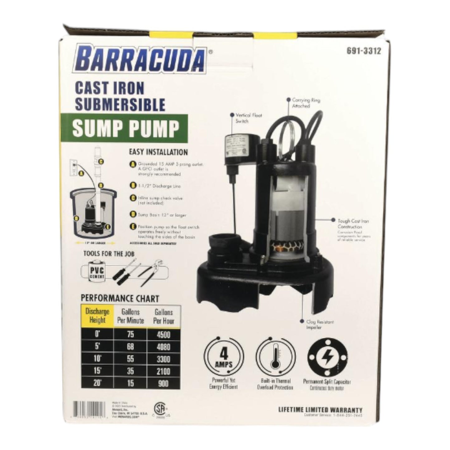 Barracuda 1/3 HP Cast Iron Sump Pump w/ Vertical Switch, BAS33V-1-10, 55 GPM