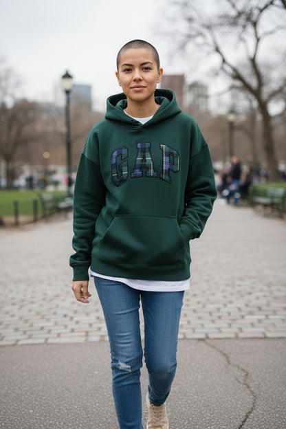Gap Unisex Kid's Vintage Soft Relaxed Plaid Logo Green Hoodie