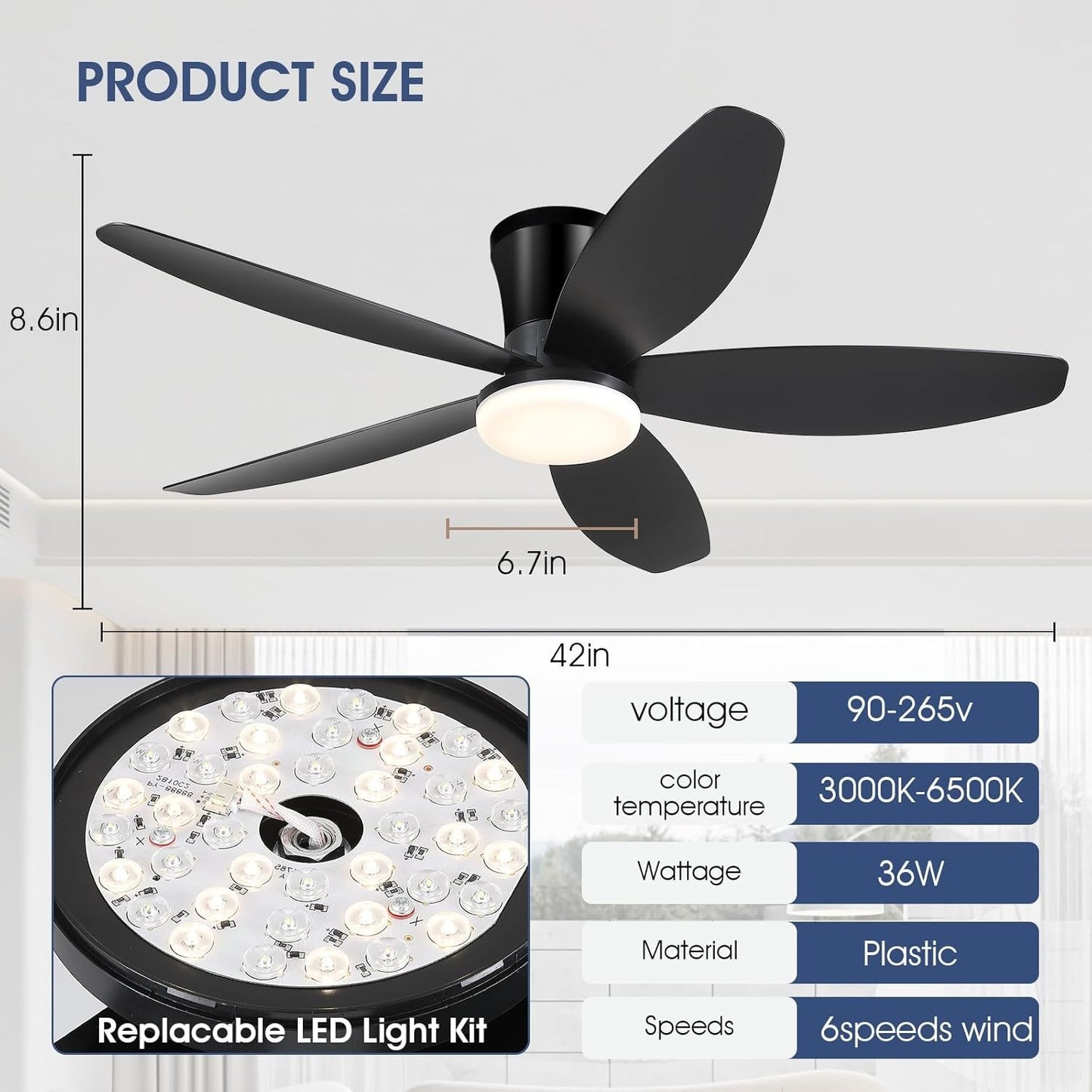 42" Ceiling Fans with Lights-Low Profile Ceiling Fan with Light and Remote/APP