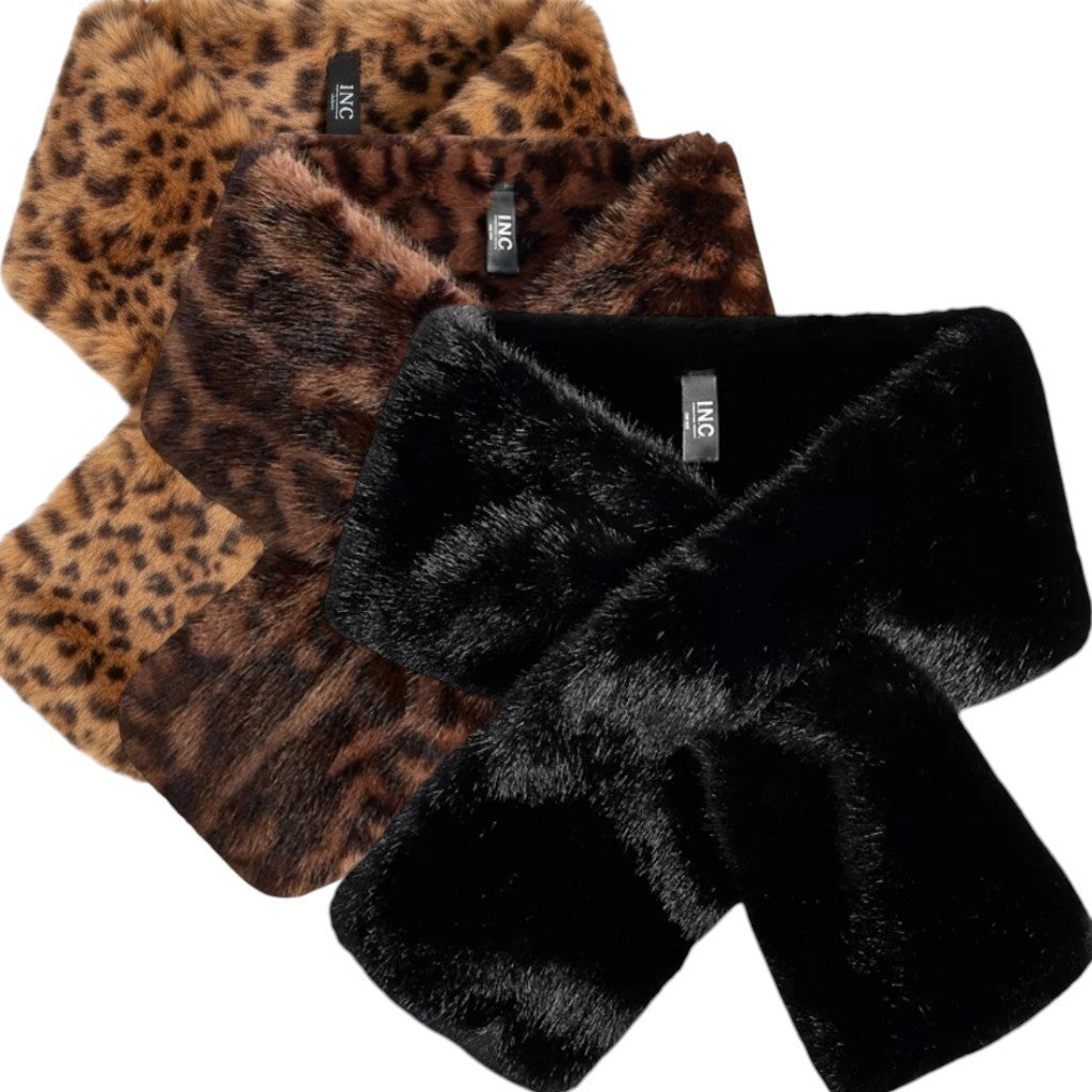 INC International Concepts Womens Faux Fur Pull-Through Scarf Leopard, Brown, Bl