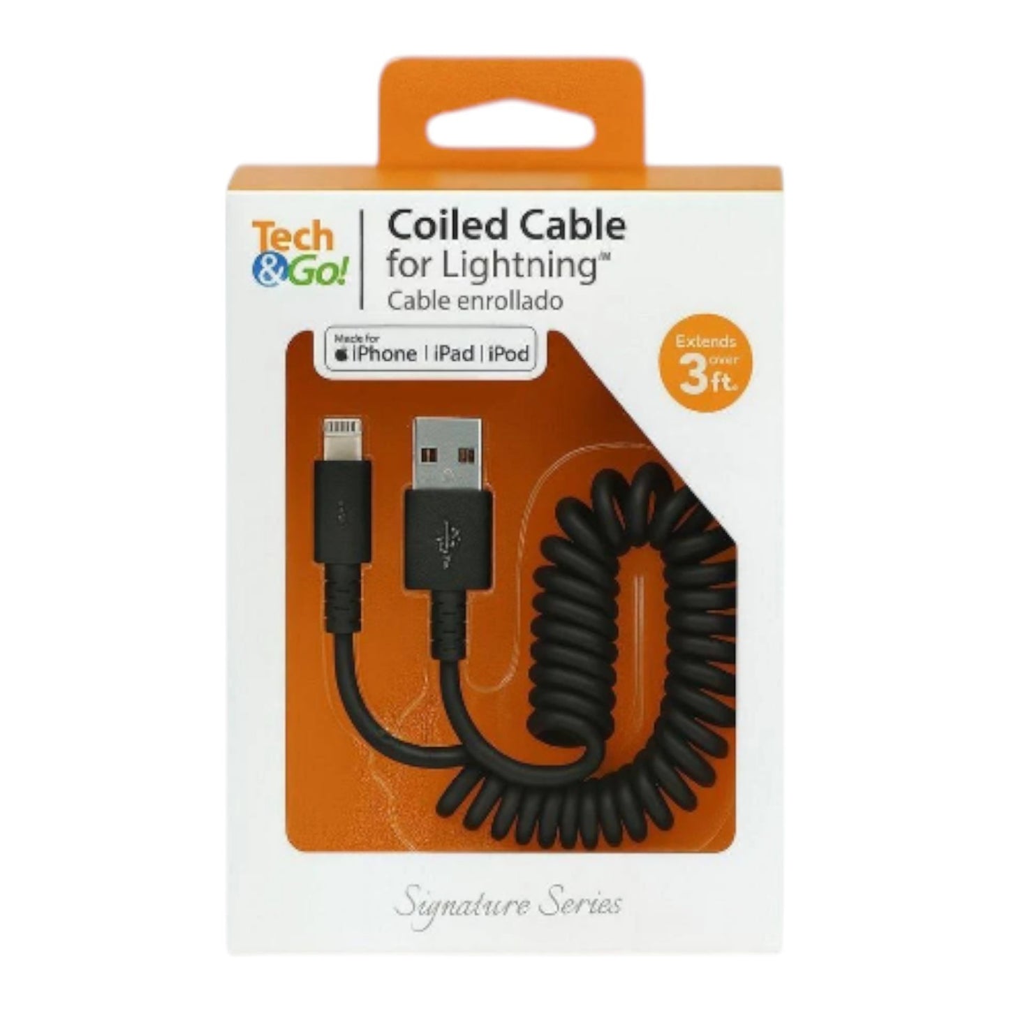 Tech & Go 3 ft Coiled Cable, 131 0359 TG3, USB to ⚡, for iPod, iPhone, iPad