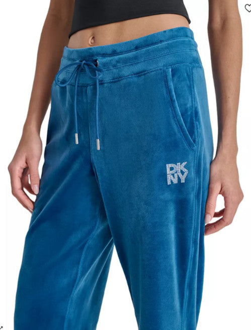 NWT! DKNY Sport Women's Sz L Velour Rhinestone Logo Pull On Pant Teal DP4P3552