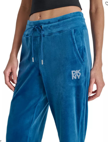 NWT! DKNY Sport Women's Sz L Velour Rhinestone Logo Pull On Pant Teal DP4P3552