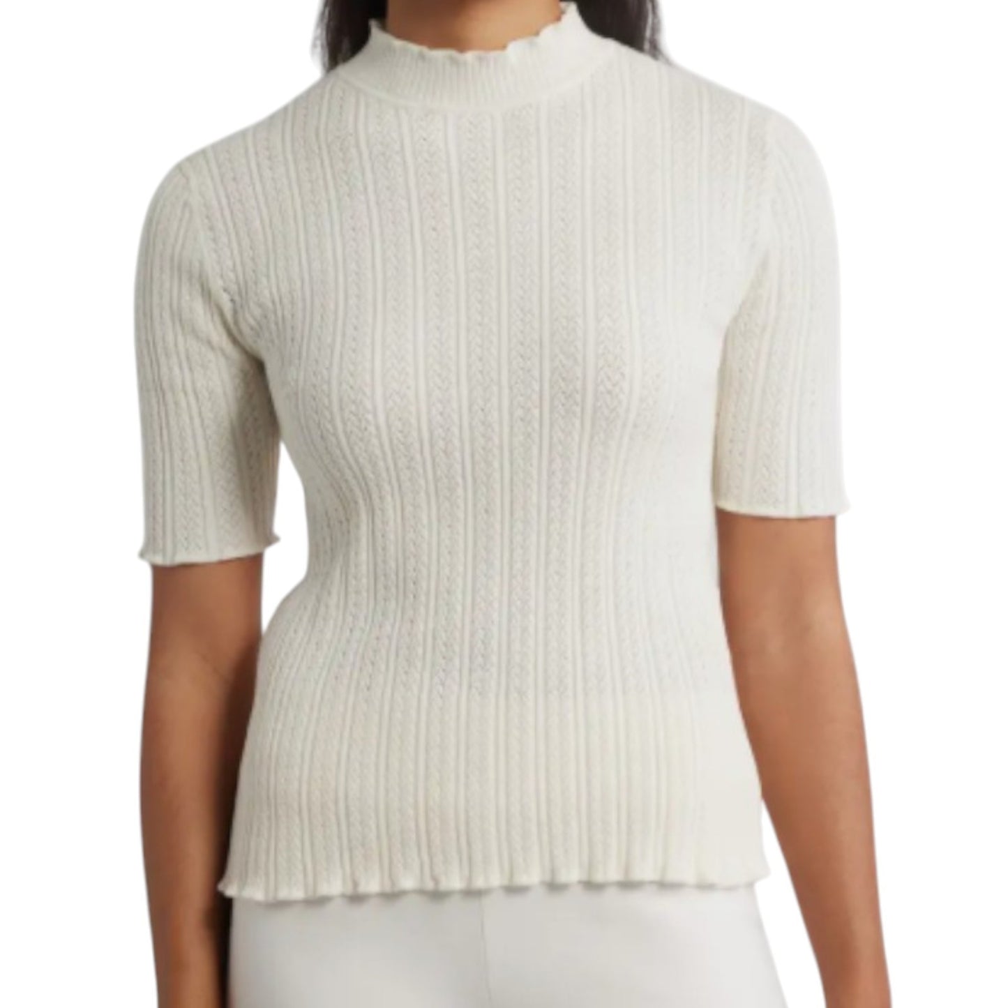 Mock Neck Short Sleeve Cotton Blend Sweater Anne Klein - Creamy White - XL