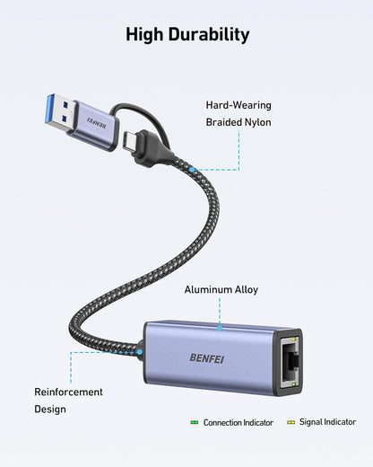 BENFEI USB 3.0 to Ethernet Adapter, USB C to RJ45 Gigabit LAN (1000Mbps) Network