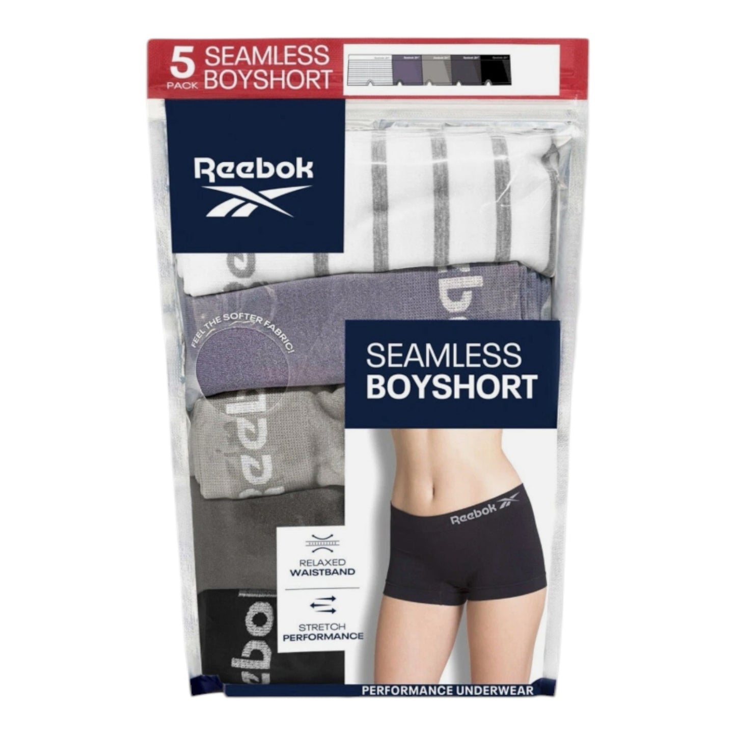 NEW Women's Reebok 5 Pack Seamless Boyshorts XLarge White Purple Black Underwear