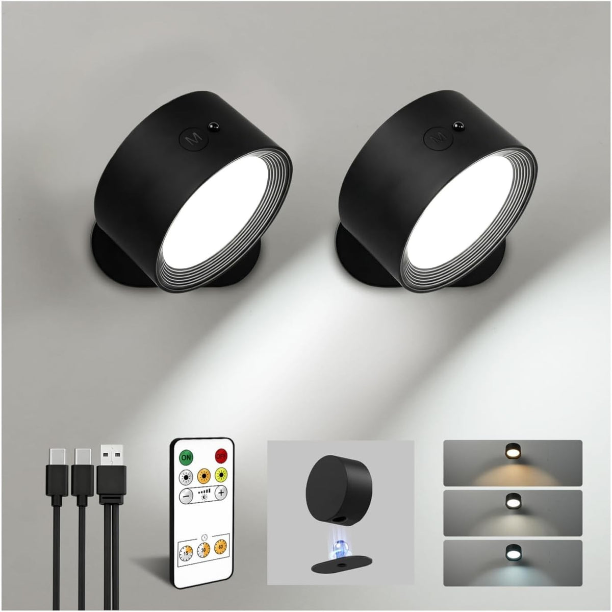 Rechargeable Wall Sconces with Remote, Magnetic Wall Lights, Black 3 Color Temp