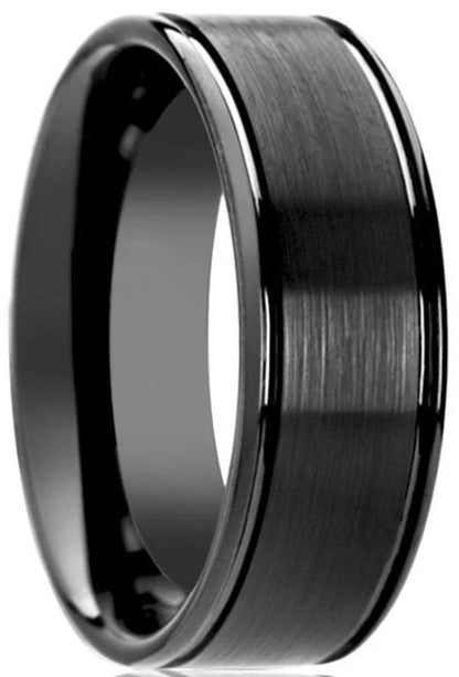8MM BLACK TUNGSTEN FLAT BRUSHED CTR FINISH & DUAL OFFSET GROOVES POLISHED EDGE