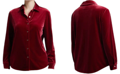 Women's Anne Klein AK Velour Long Sleeve Button Front Dress Shirt | Red, Blue