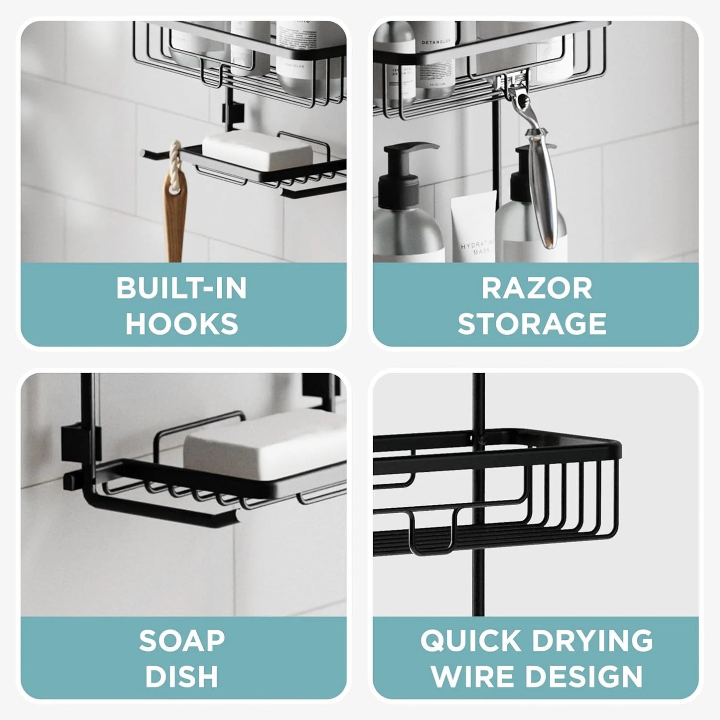 Zenna Home Rustproof Black Hanging Shower Caddy with 2 Shelves & Hooks
