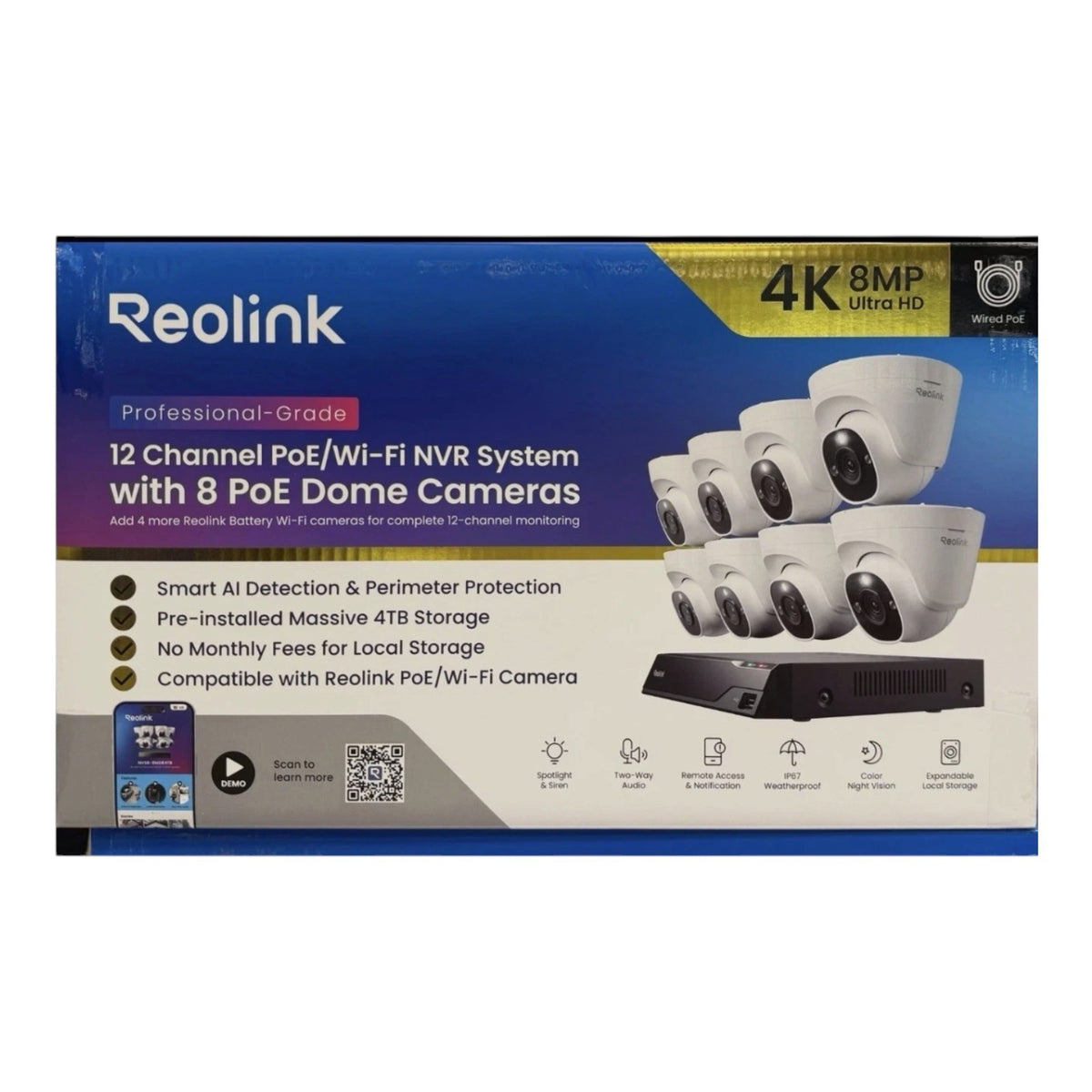 Reolink 4K 12 Channel 4TB Wifi NVR with 8 PoE Wired Security Dome Camera System