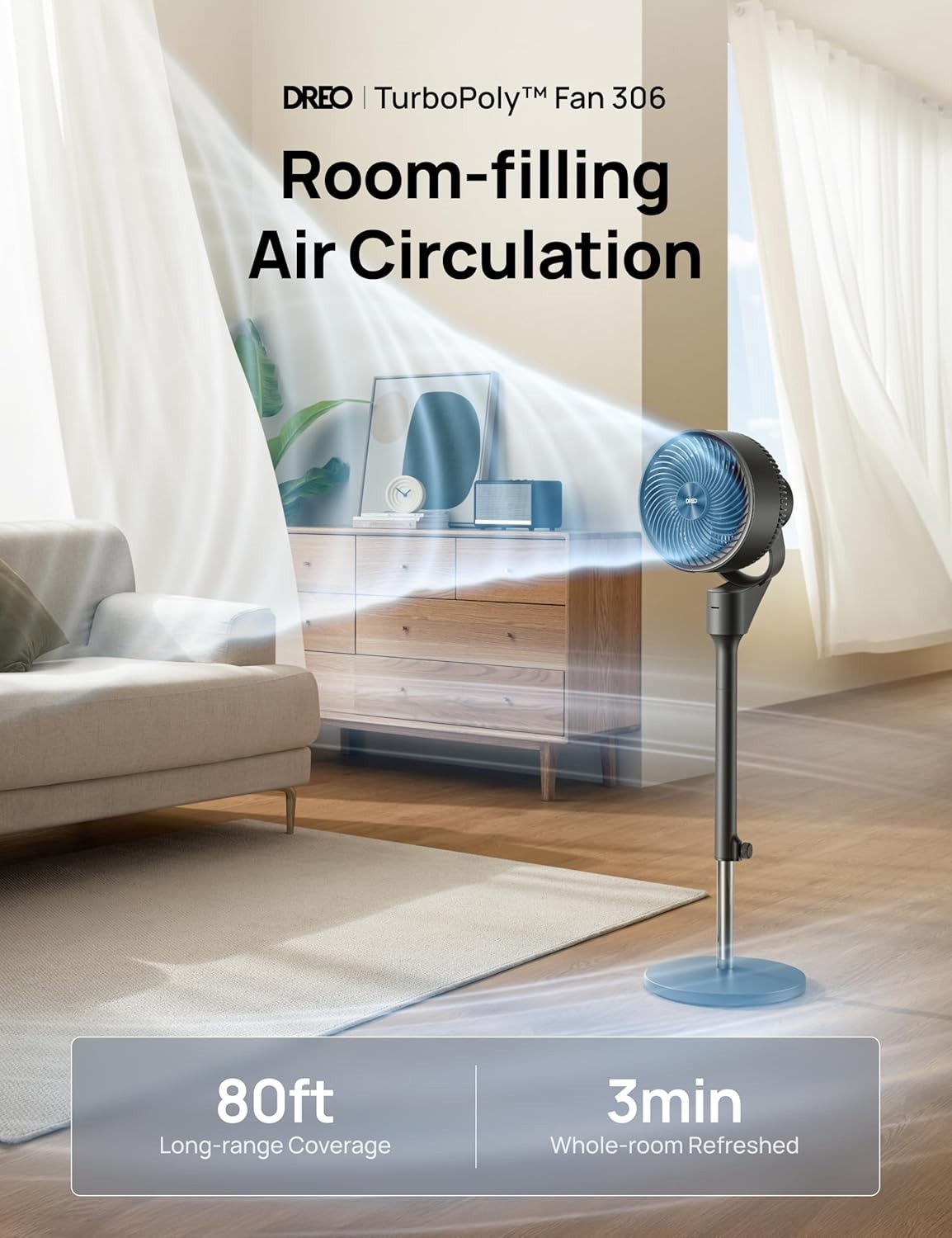 Dreo Fan for Bedroom, 80° Oscillating Standing Fan, 25dB Quiet, 80ft PedestalFan