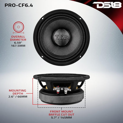 DS18 6.5" Midrange Speaker - 300W Rms 4-ohm PRO-CF6.4 Carbon Fiber Loudspeaker