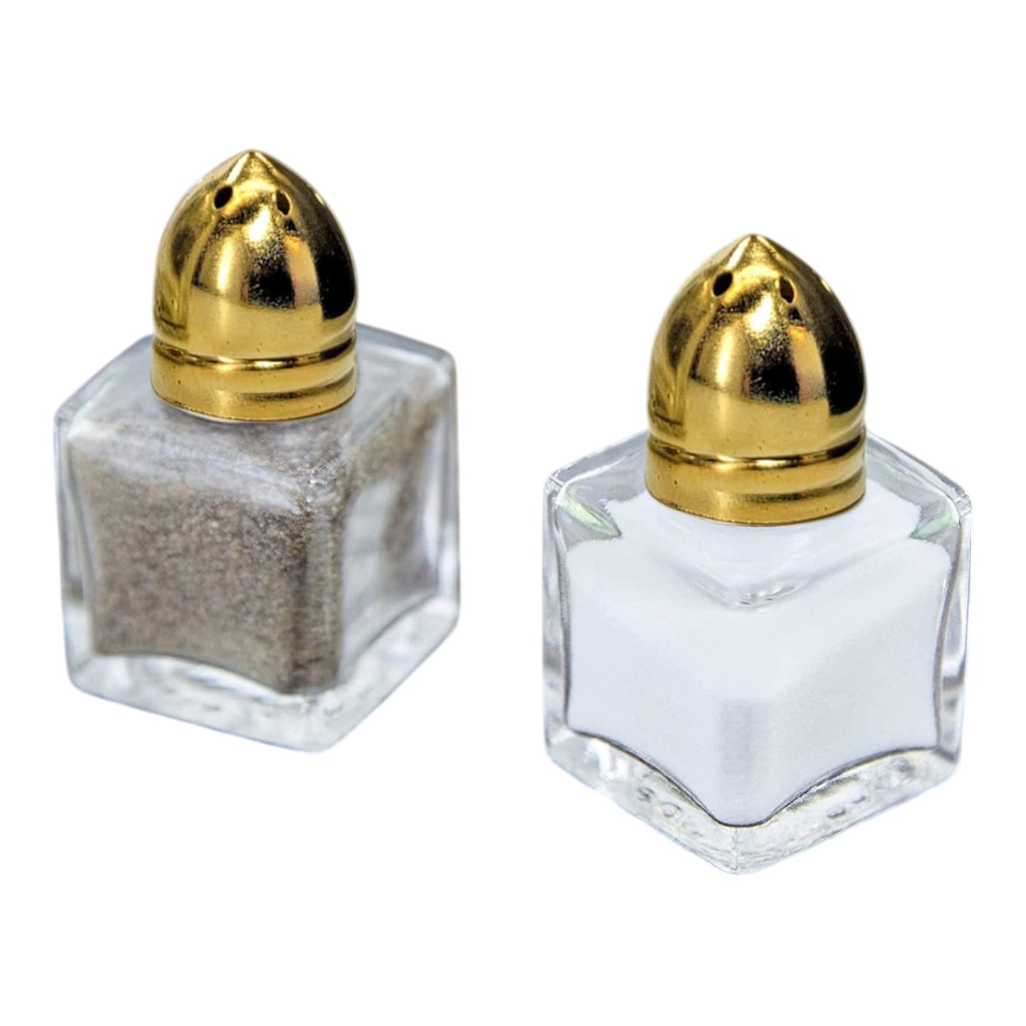 Clear Glass Mini Cube Salt & Pepper Shakers with Gold-tone Tops - 1/2 ounce each
