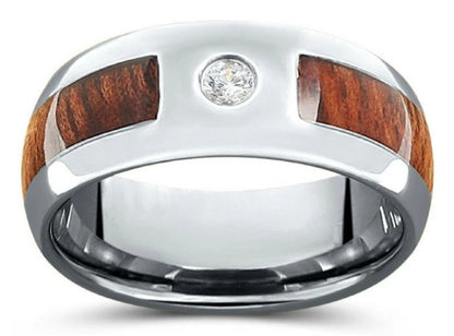 8mm Tungsten Koa Wood Inlay with CZ Band - Dome Shape, Comfort Fit