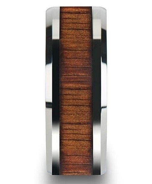 8mm Tungsten KOA Wood Inlay with Polished Beveled Edges Ring