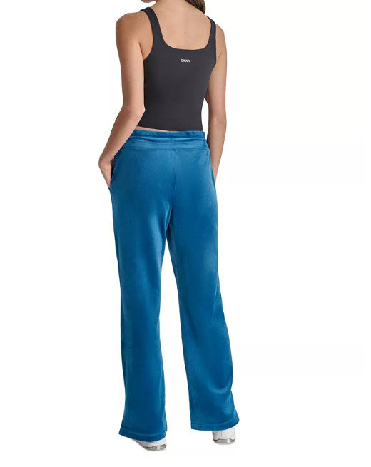 NWT! DKNY Sport Women's Sz L Velour Rhinestone Logo Pull On Pant Teal DP4P3552