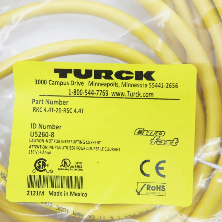 TURCK CABLE RKC 4.4T-20-RSC 4.4T, DOUBLE-ENDED CORDSET, 20M, U5260-8 NEW