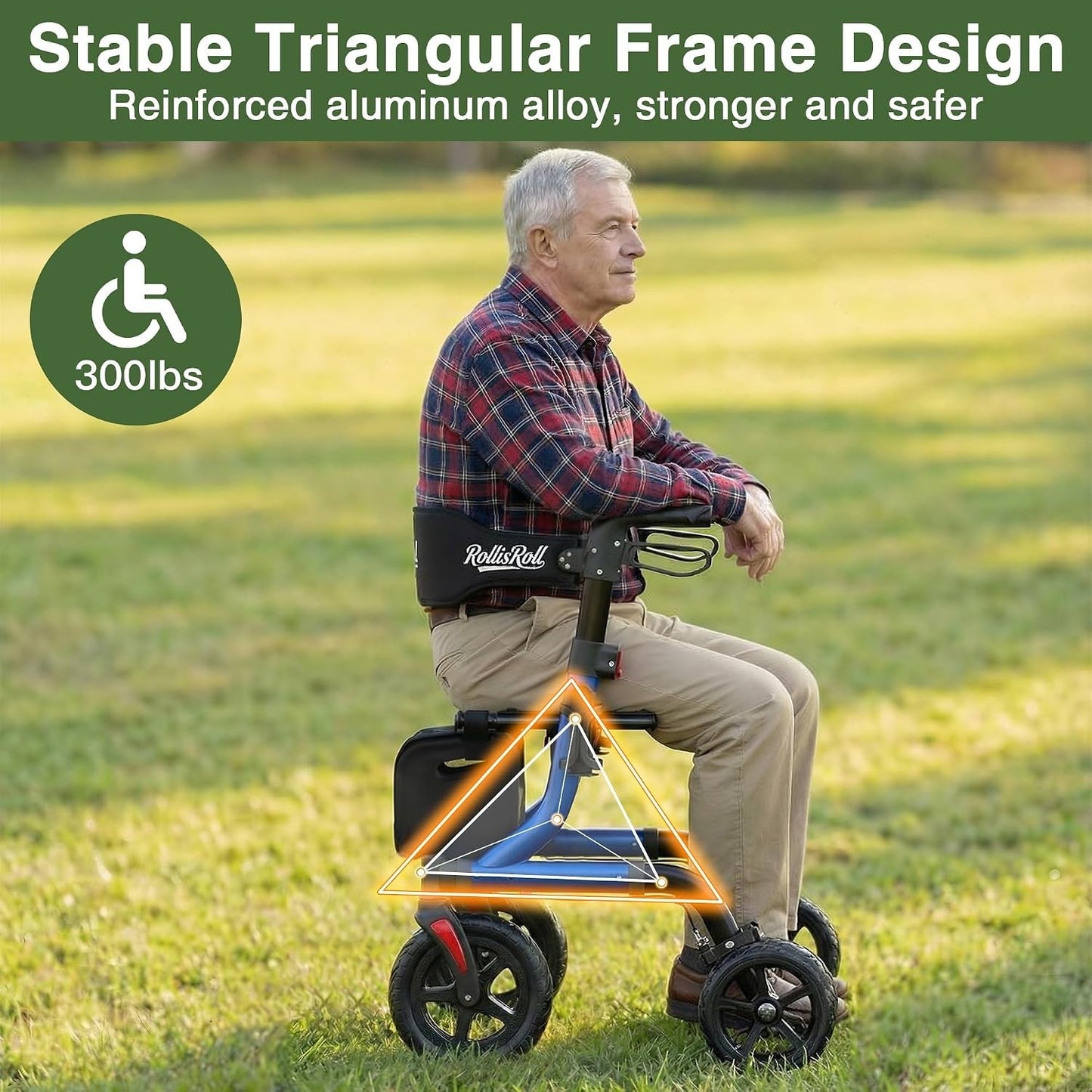 RollisRoll All Terrain Walker for Seniors with Seat, Foldable Aluminum Frame 10”